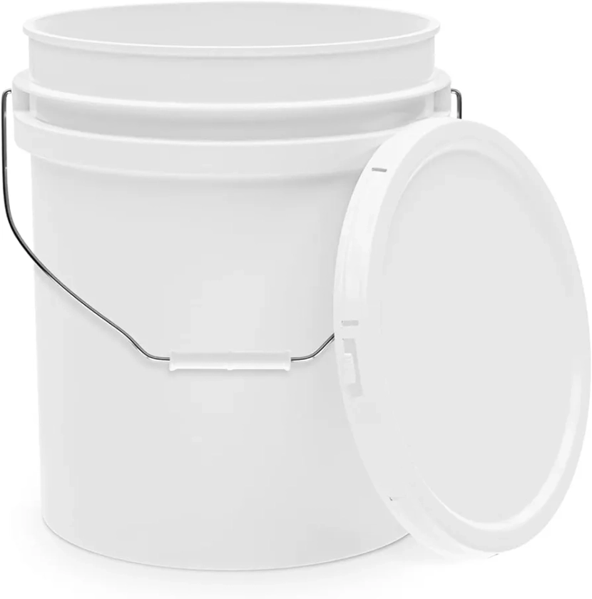 5-Gallon White Bucket Pail Container with Lid | Food Grade | Heavy-Duty 90MIL Extra Durable | Metal Handles with Plastic Grip for Easy Carrying | Multi-Use | Easy Stack and Store | BPA Free - 1 Pack