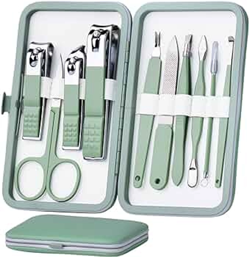 Manicure Set 10 in 1 Stainless Steel, Nail Clippers Scissors Pedicure Tools Kit - Portable Travel Grooming Kit for Men and Women with Leather Case (Jade Green)