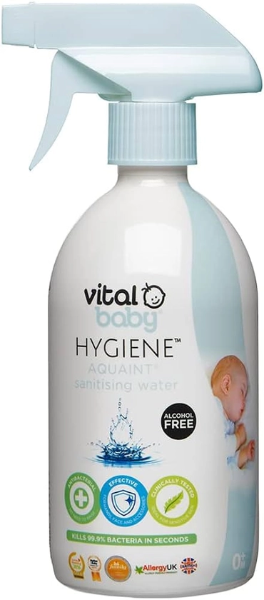 Vital Baby Hygiene AQUAINT Sanitising Water - Kills 99.9% of Germs - Baby Safe - No Alcohol, Fragrance or Harmful Chemicals – Safe to Swallow – Sanitise Baby Bottles, Soothers, Toys & Surfaces - Vegan