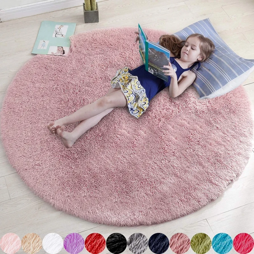 Blush Round Rug for Bedroom,Fluffy Circle Rug 4'X4' for Kids Room,Furry Carpet for Teen Girls Room,Shaggy Circular Rug for Nursery Room,Fuzzy Plush Rug for Dorm,Blush Carpet,Cute Room Decor for Baby