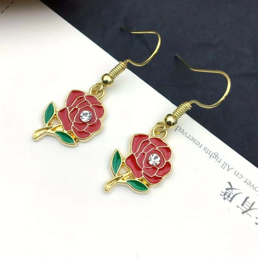 Fashion Rhinestone Decor Rose Dangle Earrings Men Couple - Temu