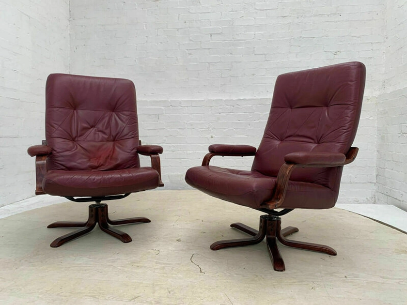 Pair Of Danish Stained Beech & Cherry Red Leather & Vinyl Swivel Chairs | Vinterior