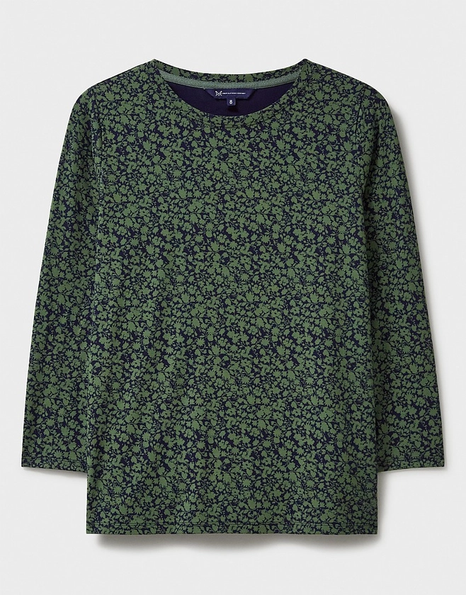3/4 Sleeve Floral Print Viscose Top in Navy and Green