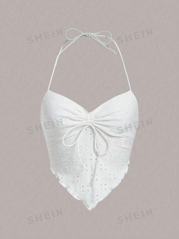 SHEIN WYWH Summer Going Out Eyelet Embroidery Tie Backless Hanky Hem Folds Halter White Top | SHEIN UK