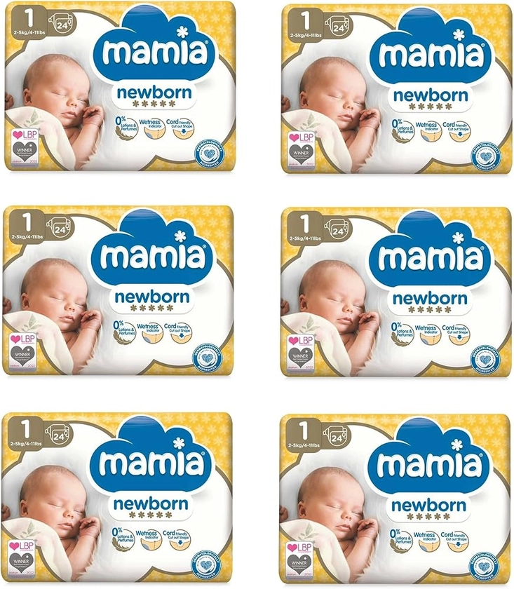 Mamia Size 1 Nappies Newborn 24 Pack, 144 Nappies (6 x 24) : Amazon.co.uk: Baby Products