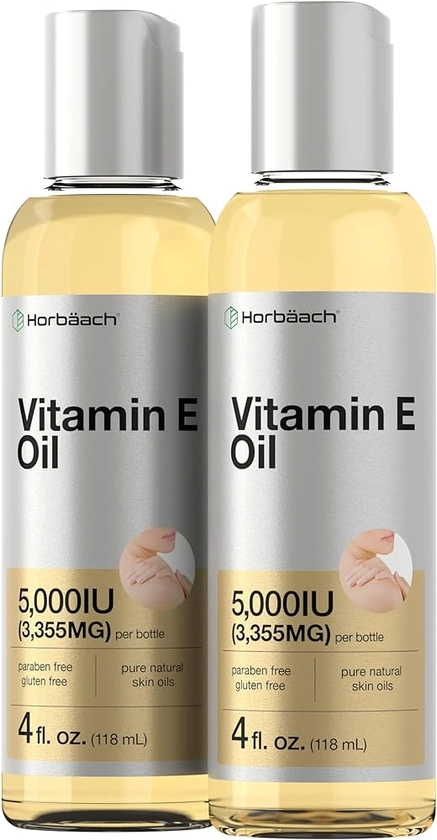Vitamin E Oil | 5000 IU | 8 oz (2 x 4oz) Value Pack | for Skin, Hair, Face & Body | Vegetarian, Non-GMO, and Gluten Free Formula | by Horbaach