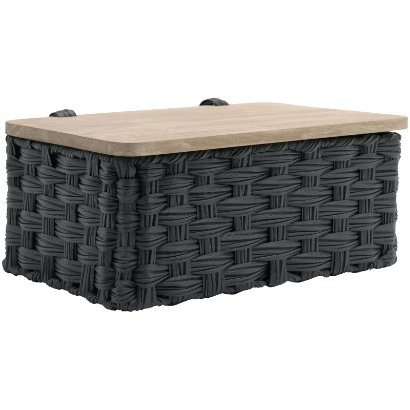 Better Homes & Gardens Black Resin Basket with Woven Design and Natural Wood Lid