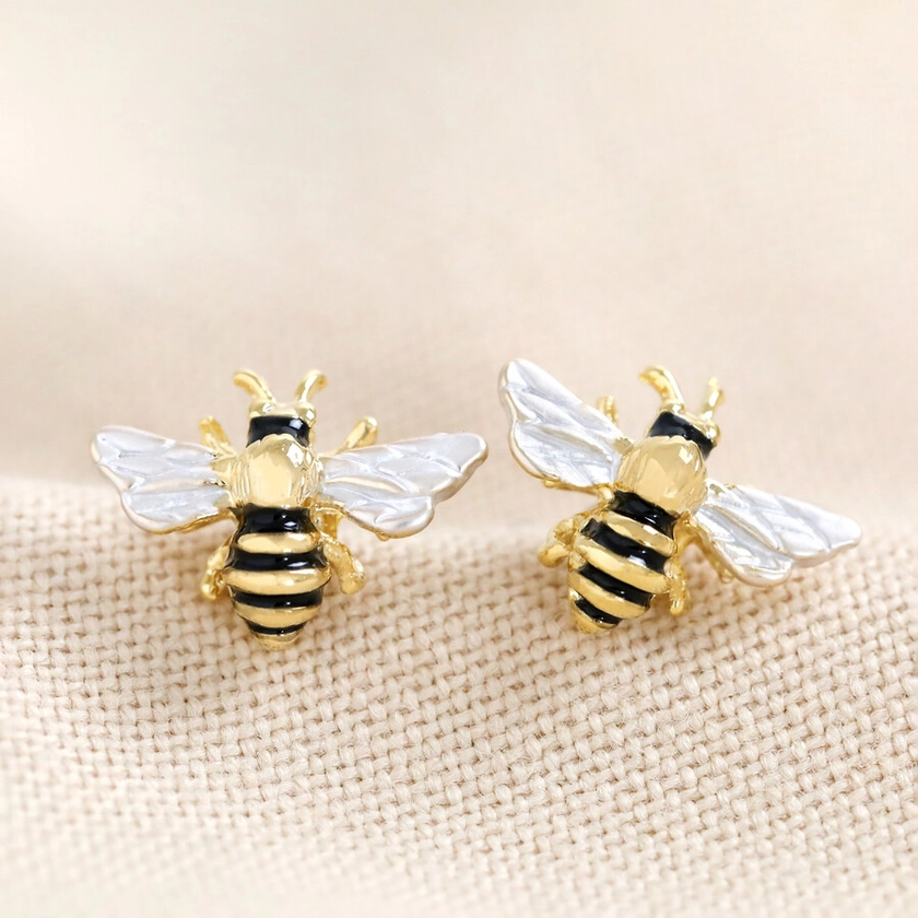 Gold Enamel Bumblebee Stud Earrings