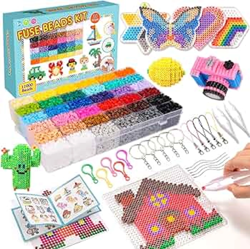 Meland Fuse Beads Kit - 11,000 pcs 36 Color Beads for Craft for Girls Age 5-12 Year Old,5MM Melty Beads Set Including 5 Pegboards, Ironing Paper & Chain Accessories Iron Beads Christmas Birthday Gift