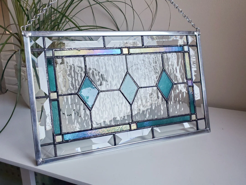 Iridescent Teal Stained Glass Panel - Home Decor