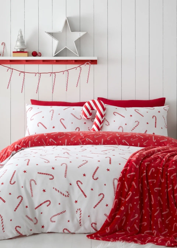 Catherine Lansfield Christmas Candy Cane Reversible Duvet Cover Set