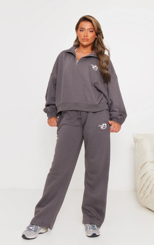 Plt Charcoal Logo Embroidered Wide Leg Sweatpants