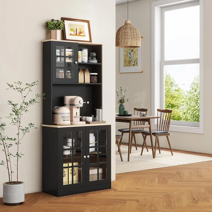 HOMCOM Buffet de Cuisine Armoire de Cuisine Multi-rangements 3 Portes vitrine Verre avec étagère 2 niches Grand Plateau MDF Noir chêne