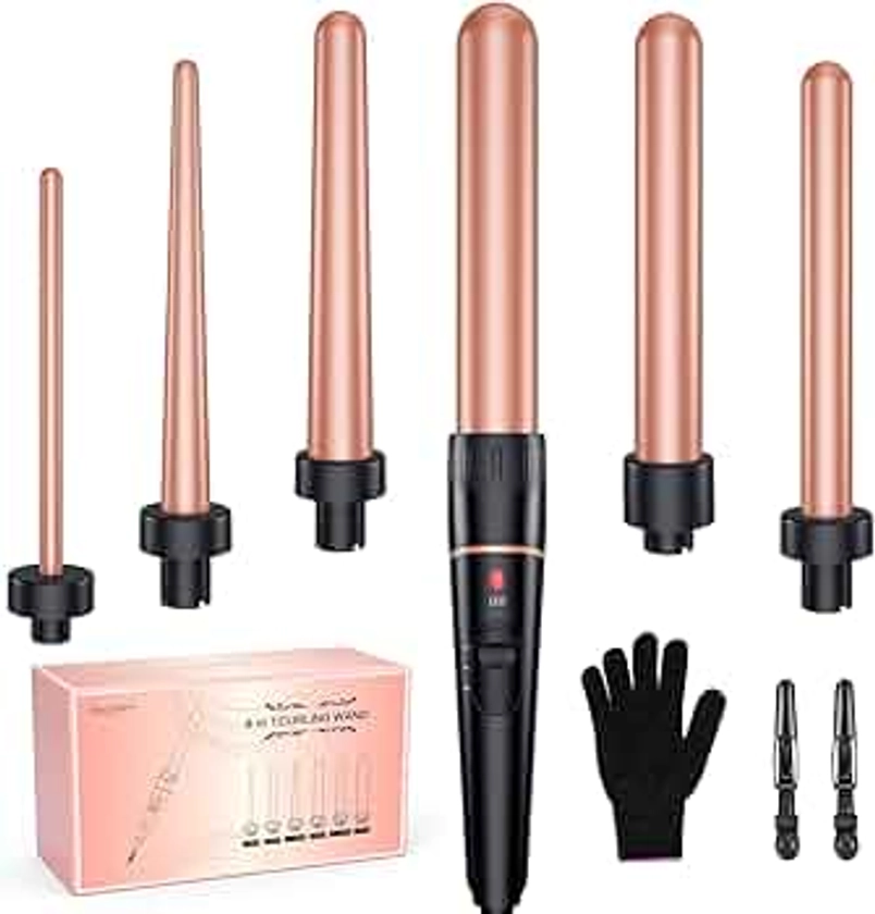 Long Barrel Curling Iron Wand Set, BESTOPE PRO 6 in 1 Curling Wand Set with Ceramic Barrel for Long/Medium Hair, 0.35"-1.25" Interchangeable Hair Wand Curler, Dual Voltage, Include Glove & Clips