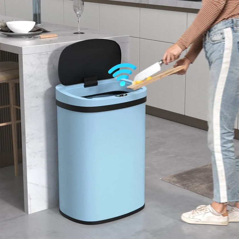 13 Gallon Automatic Trash Can with Lid, Large Stainless Steel Kitchen Trash Can Motion Sensor Garbage Can Touch Free Trash Cans for Kitchen, Office, Living Room, Toilet, Bedroom (Blue)