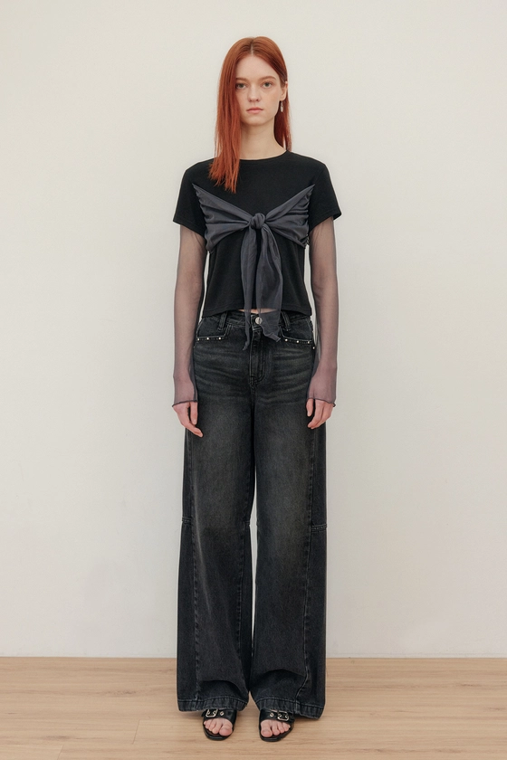 HOT FIX WIDE DENIM PANTS - BLACK