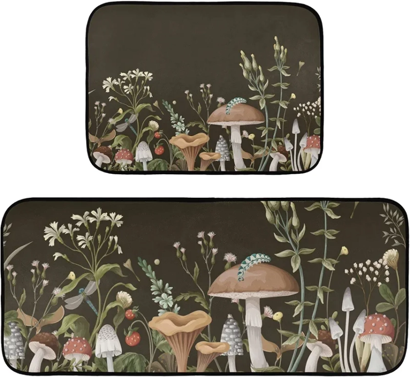 Mushroom Kitchen Mats Set, Water Absorbent Decorative Farmhouse Kitchen Rugs for Ktichen Sink Laundry Room