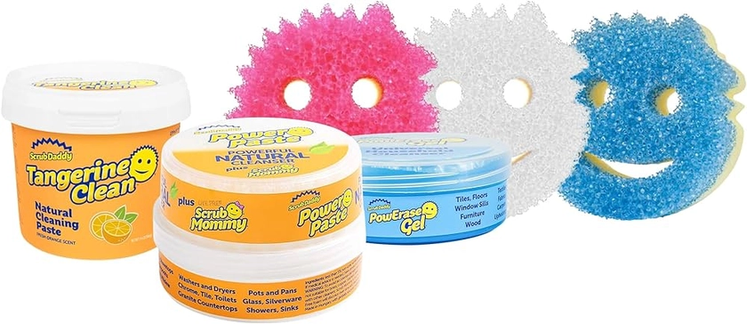 Scrub Daddy Sponges + Household Cleaning Supplies Bundle - PowerPaste Cleaning Putty, Tangerine Clean, PowErase Gel All Purpose Cleaner & 3 Scrub Mommy Sponges (3 Pastes & 3 Sponges)