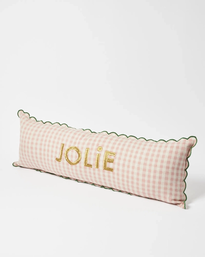 Jolie Embroidered Pink Gingham Bolster Cushion | Oliver Bonas