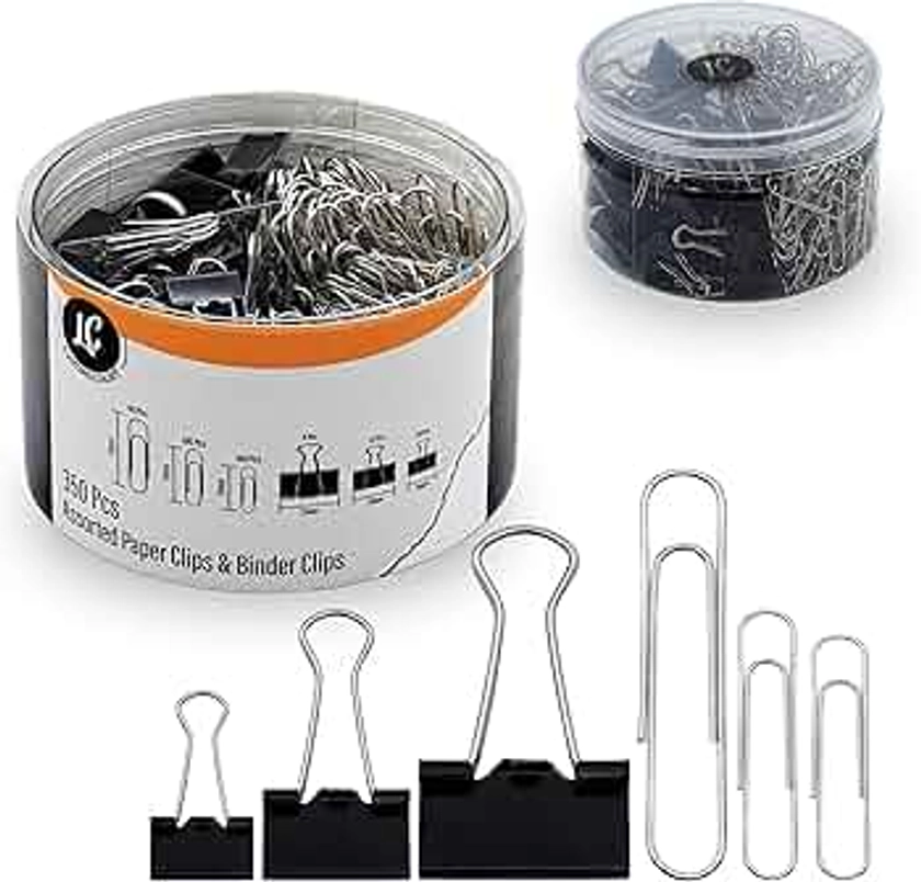 350 Pack Paper Clips and Binder Clips Set by Luxurecourt - Binders & Paperclips Assorted Sizes in Container with Compartments, Silver Paper Clips & Black Binder clips for Home, School, Office Supplies