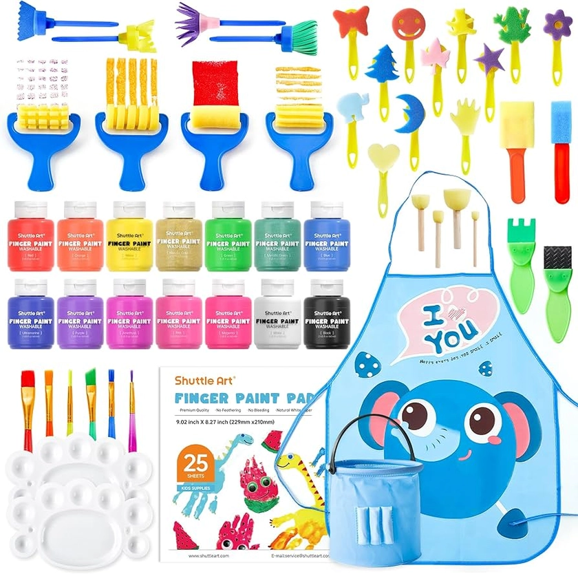 Shuttle Art Washable Finger Paint Set, 53 Pack Kids Paint Set with 14 Colours(60ml) Finger Paints, Brushes, Finger Paint Pad, Sponge, Palette, Smock, Bucket, NonToxic for Toddlers Early Education