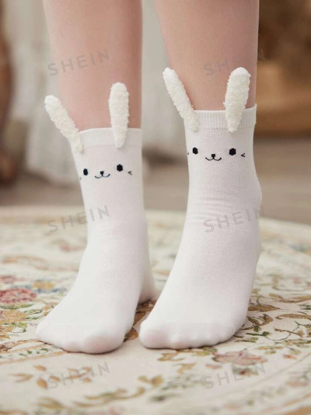 ROMWE Kawaii Calcetines de tripulación con estampado de dibujos animados con oreja de conejo