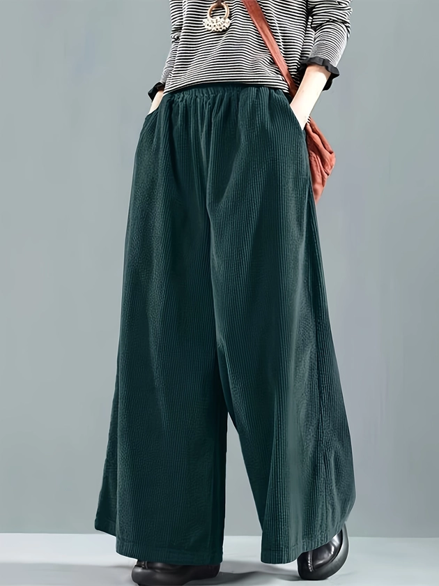 Plus Size Solid Pocket Wide Leg Pants, Casual Elastic Waist Pants, Women&#39;s Plus Size Clothing