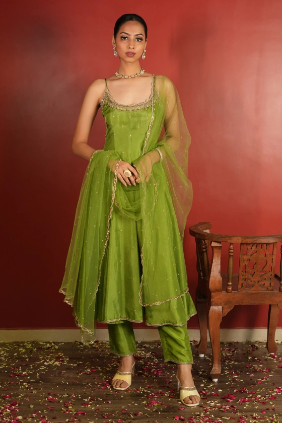 Buy Green Upada Silk Hand Embroidered Zardozi Deep Panelled Anarkali Set For Women by Enamour By Radha Online at Aza Fashions.