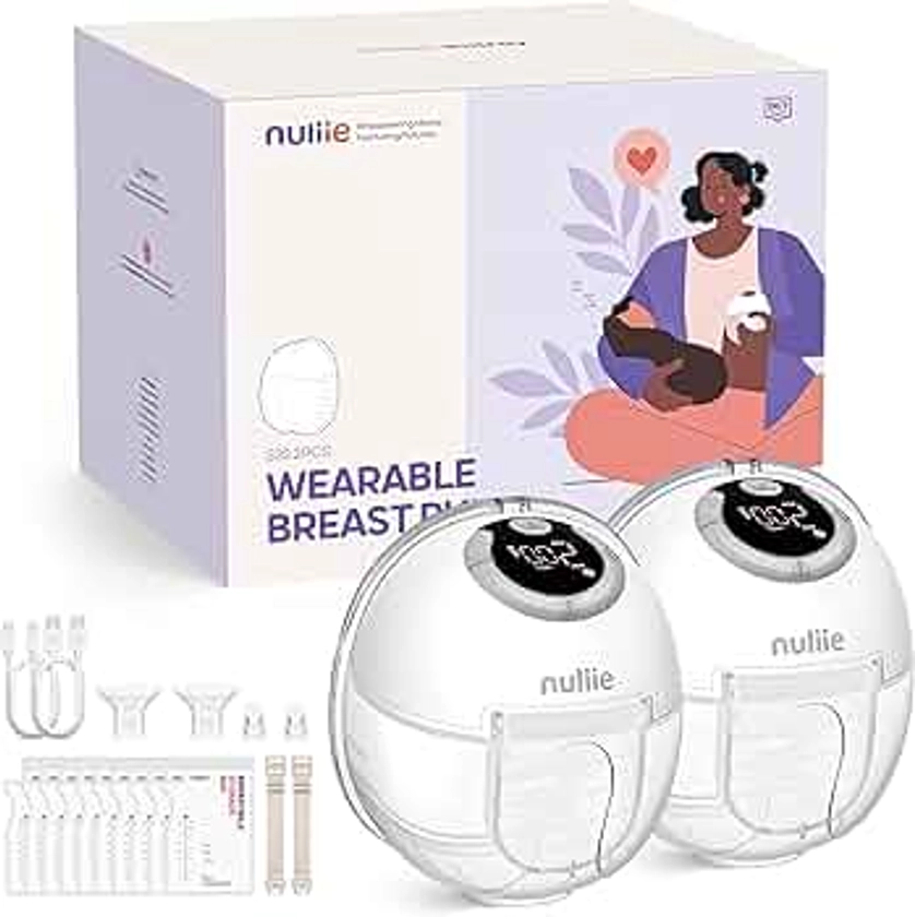 Nuliie Hands-Free Breast Pump, Wearable Breastfeeding Pump 4 Modes 9 Levels with 18/21/24MM Flange, Electric Breast Pump Portable, Replaced Pumping Accessories Included (2 Packs, White)