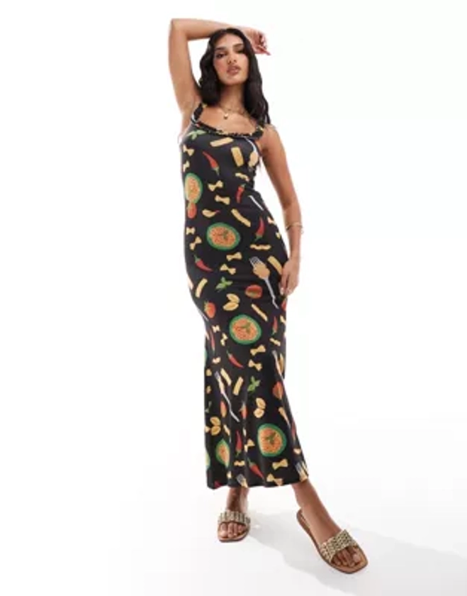 ASOS DESIGN ruffle strap scoop neck midi dress with full skirt in pasta print | ASOS