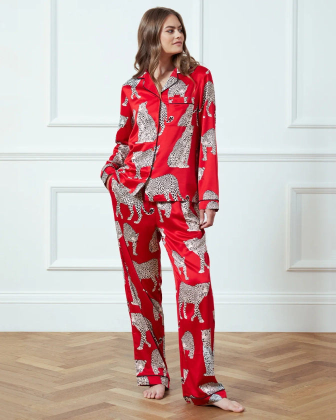 Satin Leopard Print Long Pyjama Set - Red