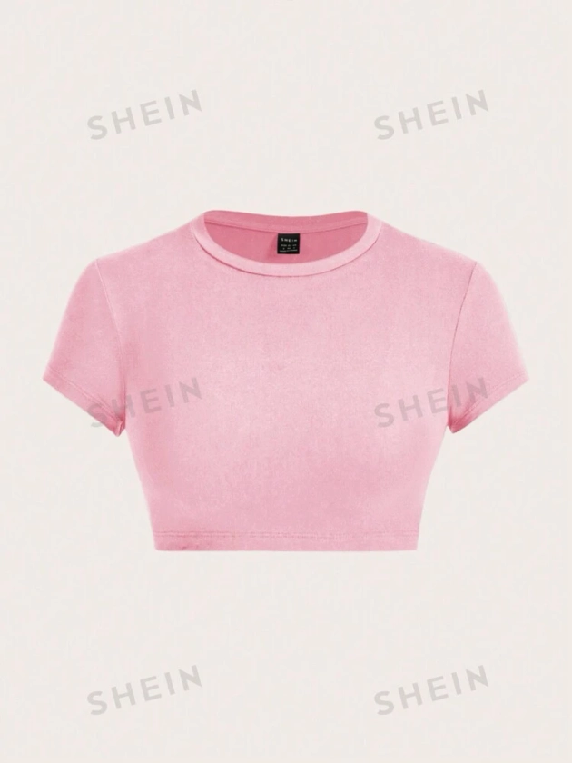 SHEIN ICON Casual Solid Color Round Neck Short Sleeve Fitted Crop Tee Shirt For Women, Summer