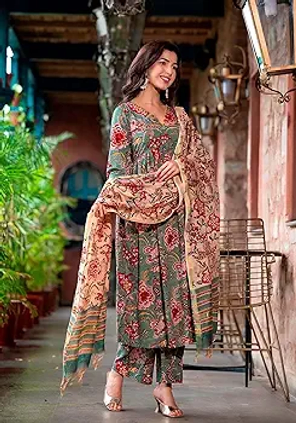 Buy KLOSIA Women Floral Printed Anarkali Kurta and Pant Set With Dupatta | Kurta Set | Ethnic Set | Dupatta Set | (Medium) at Amazon.in