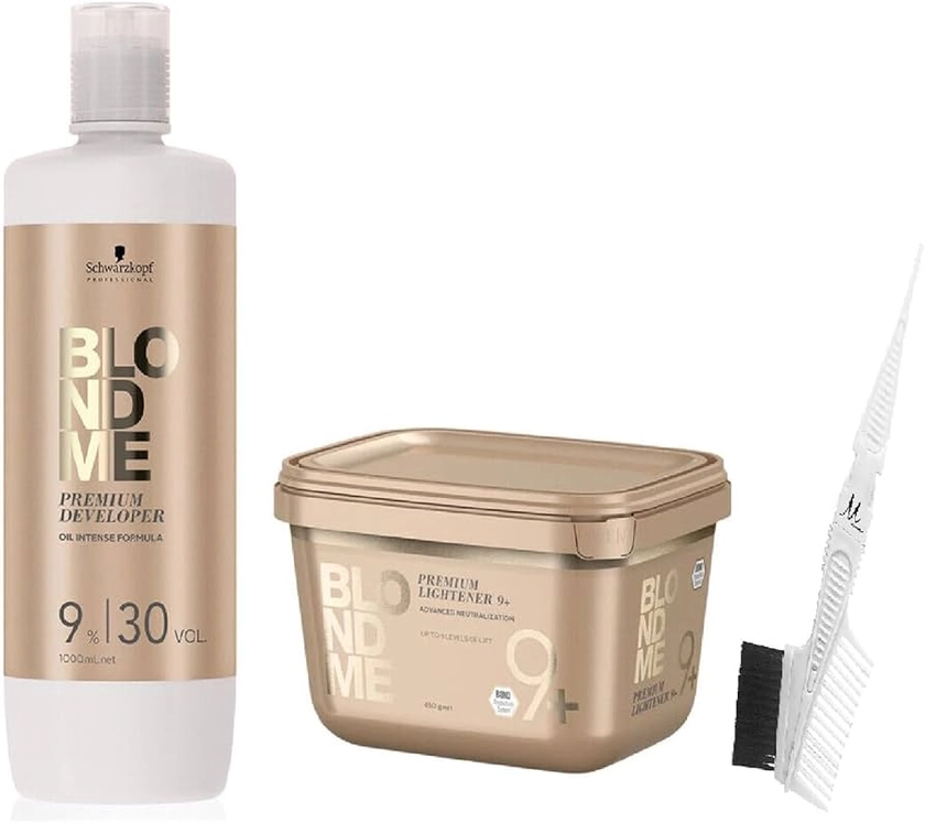 Schwarzkopf BlondMe Bond Enforcing Premium Lightener 9+ Dust Free 450 grams, Schwarzkopf BlondMe Premium Developer 9% / 30 Volume 1 Liter, M Hair Designs Tint Brush/Comb (Bundle - 3 items)