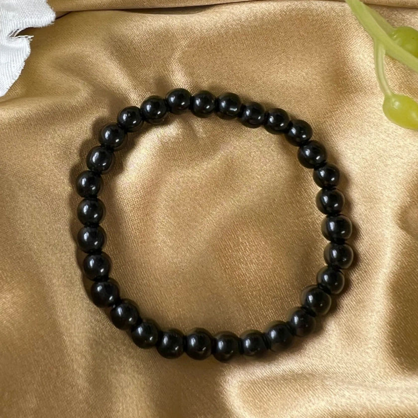 Adjustable Black Glass Beads Bracelet (6mm Beads)