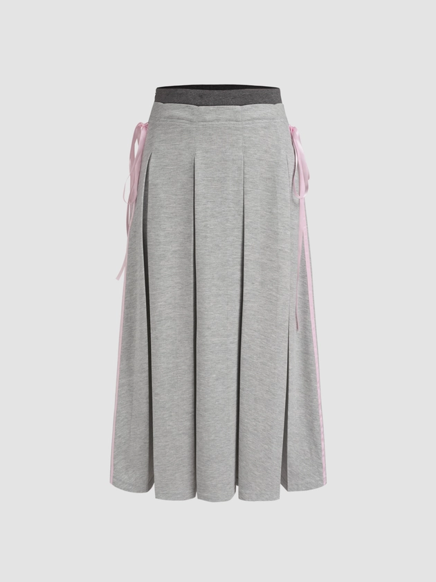 Jersey Mid Rise Solid Pleated Bowknot Maxi Skirt For School