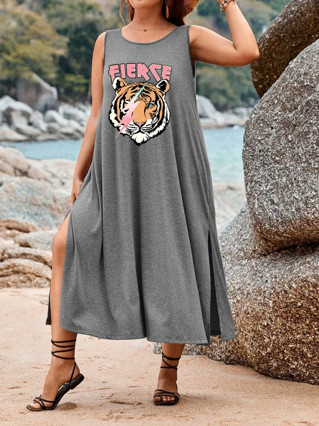 Fierce Vintage Tiger Oversized Split Thigh Tank Dress