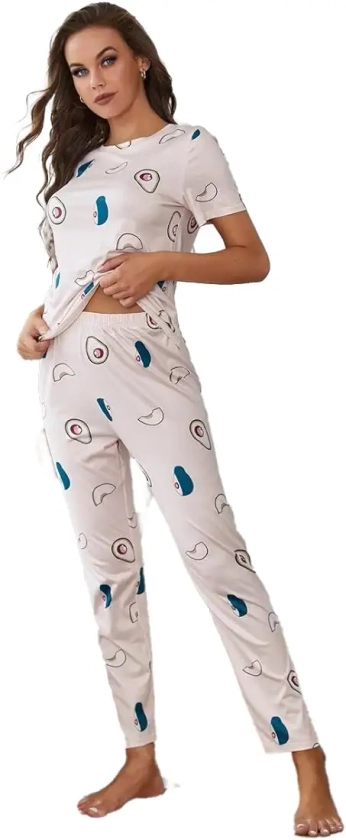 Buy SMOWKLY Printed Round Neck Short Sleeve Nightsuit Set | Pajama Set | Night Dress for Women (1025_PCH_XL) Off White at Amazon.in