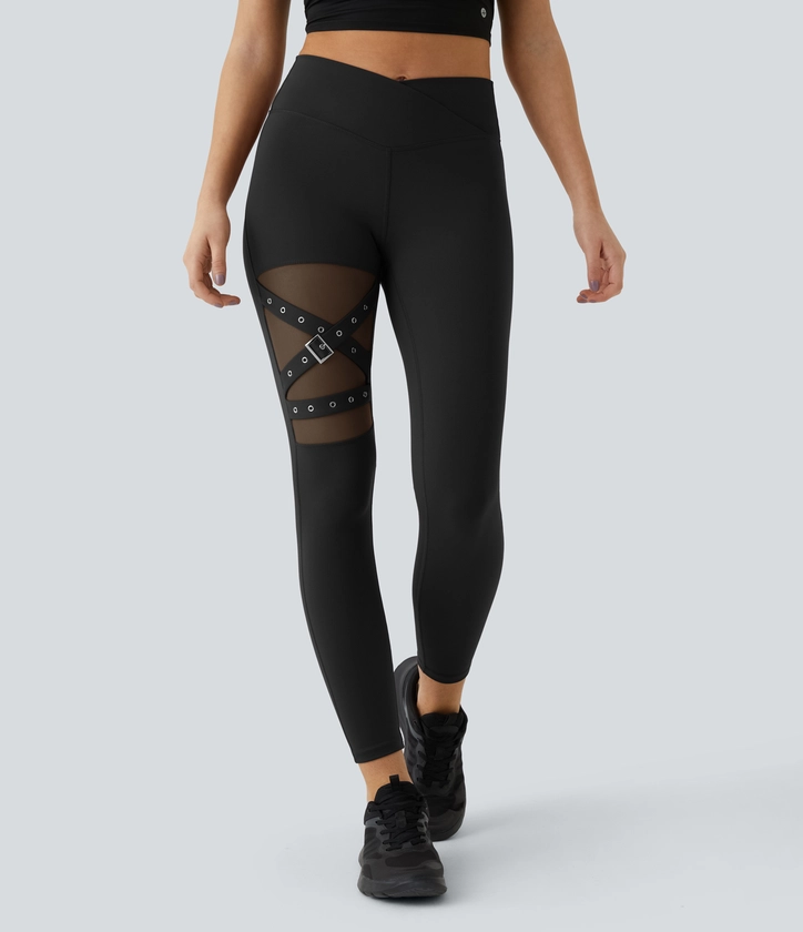 High Waisted Crossover Contrast Mesh Decorative Buckle Yoga Leggings