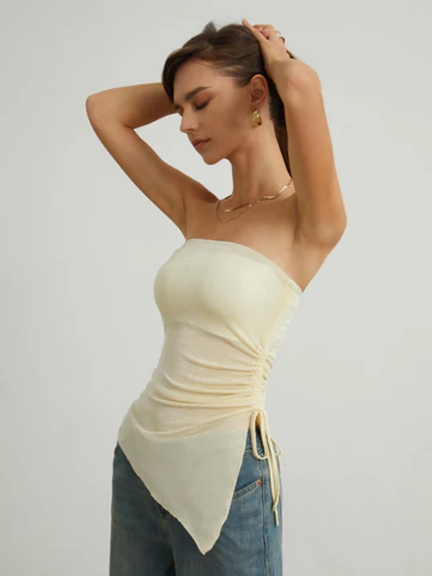 Oblique Drawstring Mesh Cover Up Tube Top