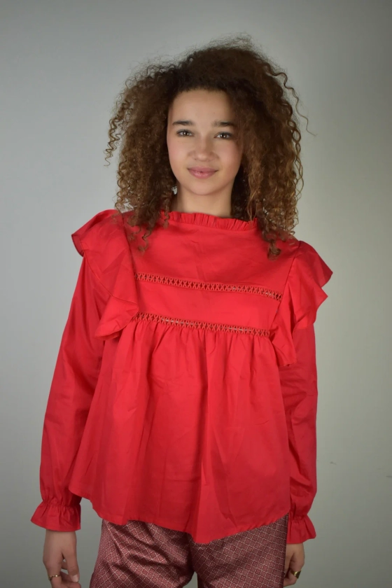 Ruffle blouse - rood - Fashiontiger.nl