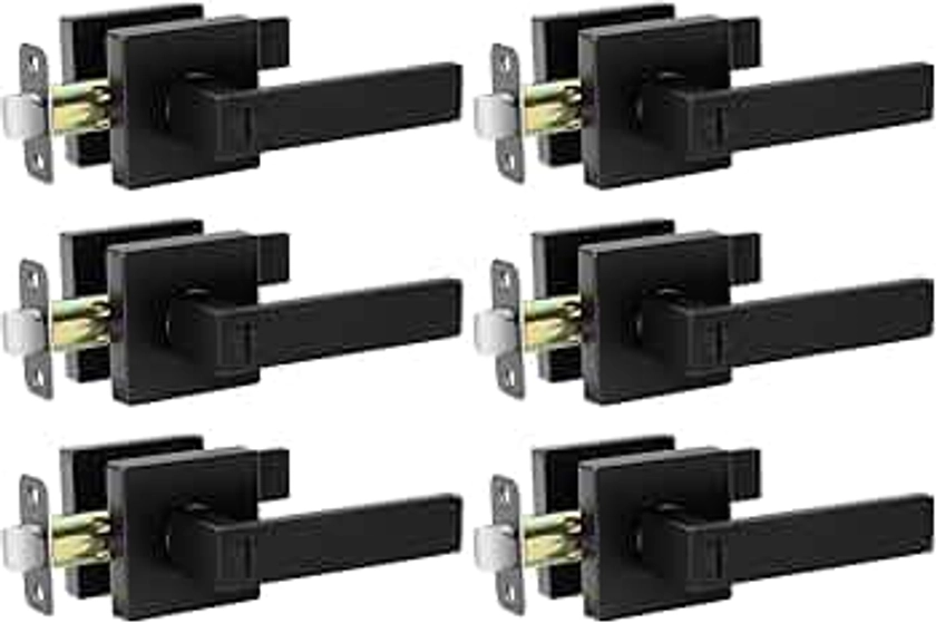 Matte Black Door Handle Interior Knob Keyless Levers Set (6 Pack), Heavy Duty Privacy Lock for Bedroom or Bathroom, Reversible for Left Right Sided Doors