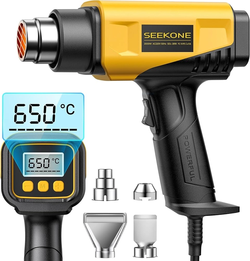 SEEKONE Décapeur Thermique 2000W avec Affichage Numérique LCD, Conception Compacte Decapeur Thermique Contrôle de Température Variable 50℃ - 650℃ avec Fonction Mémoire et 4 Buses pour Travaux Manuels : Amazon.fr: Bricolage