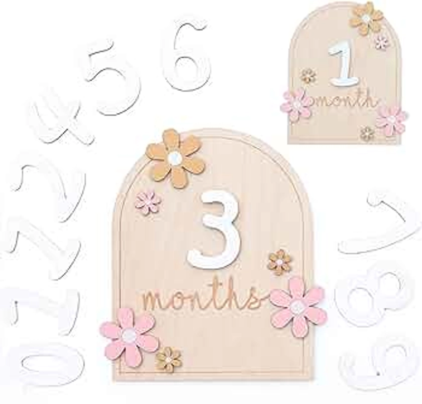 Baby Monthly Milestone Cards - Wooden Monthly Milestone Discs - Newborn Photography Props to Document Your Baby´s Growth - Baby Announcement Sign (AA Flower)