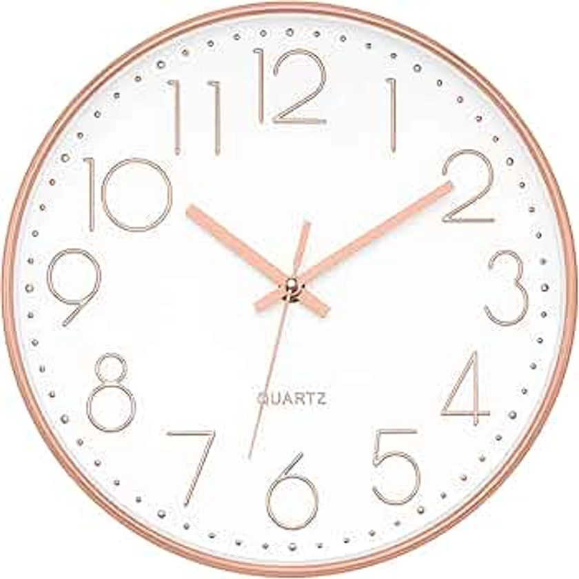 Foxtop Silent Non-Ticking Round Modern Quartz Decorative Battery Operated Wall Clock for Living Room Bedroom Kids Room Office School (Rose Gold, 12 inch)