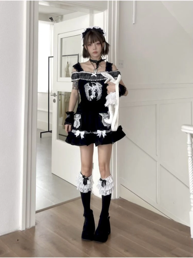 Black Angel Skull Printed Short T-Shirt Halter Dress Set【s0000008753】