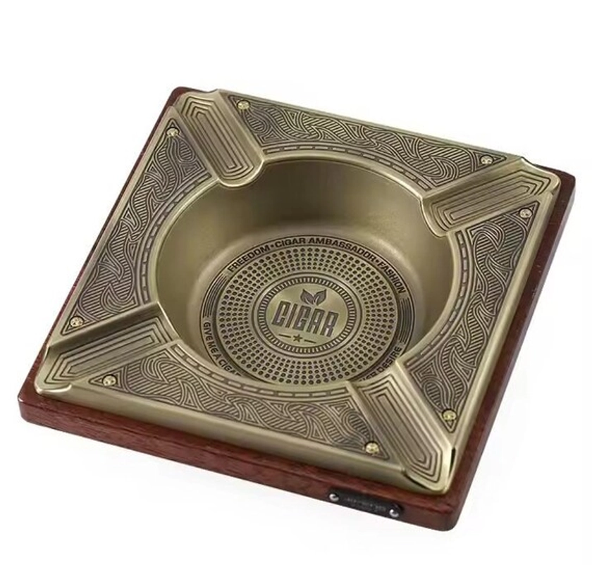 New design custom metal and wood big square Merabou wood, zinc alloy embossing cigar ashtray. 7 inches square. 2.8 pounds table top ashtray
