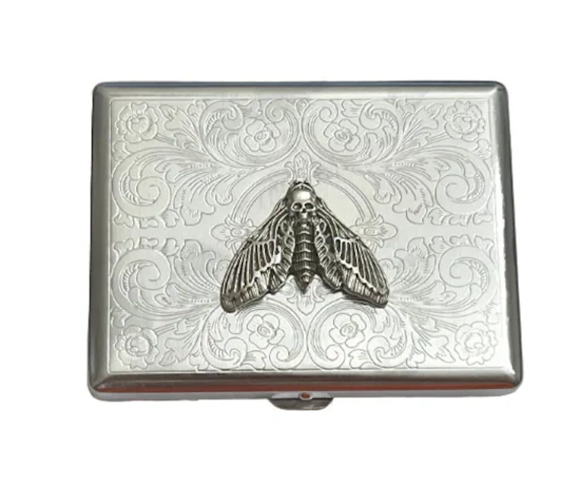 Stainless Steel Deaths Head Moth Cigarette Case Business Card ID Holder /T13