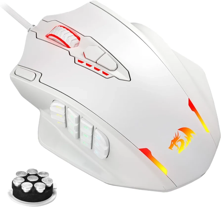 Redragon M908 Impact RGB LED MMO Gaming Mouse with 12 Side Buttons, Optical Wired Ergonomic Gamer Mouse with Max 12,400DPI, High Precision, 18 Programmable Macro Shortcuts, Comfort Grip, White