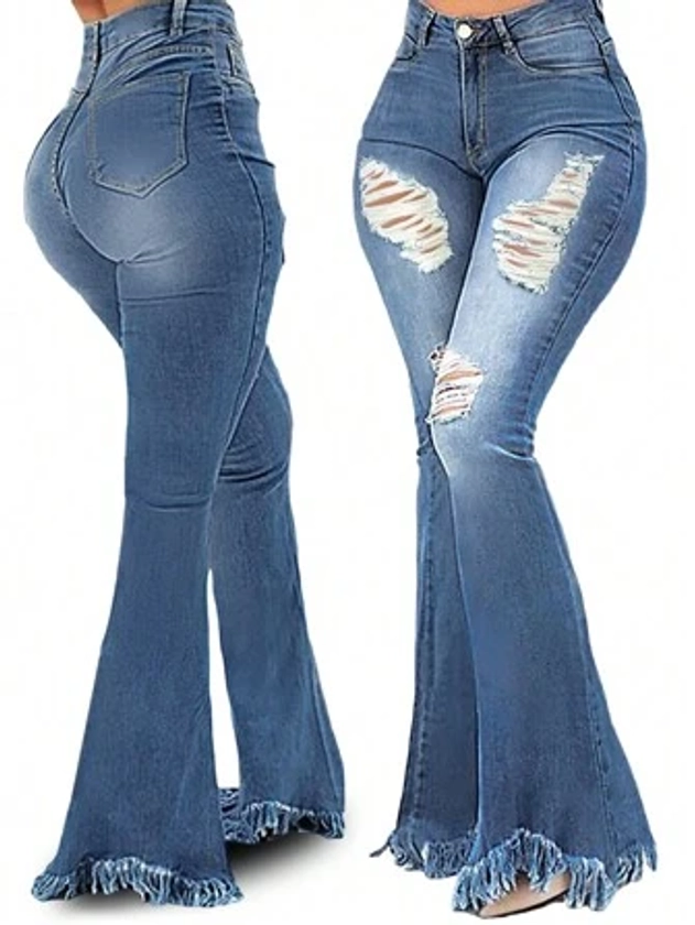 Blue Versatile Ripped Flared Jeans With Ripped Edges And Hem, Lifting Hips And Slimming Women's Jeans And Clothing